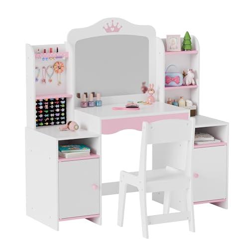 MU Kids Vanity, Girl Vanity Set with Mirror and Stool, 2 in 1 Toddler Makeup Vanity Table with Jewelry Storage, Wooden Princess Makeup Desk Dressing Table for Little Girls, (White) - color: White