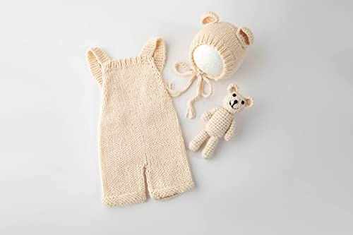 Newborn Photography Props Boys Girls Outfits Baby Photo Props Knit Bear Hat Romper Photoshoot Costume Set - color: Beige
