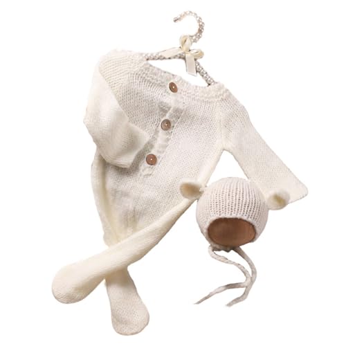 Newborn Baby Photo Shoot Props Girl Boy Crochet Knit Hat Costume Stripe Hat Pants Overalls Photography Props - color: White C