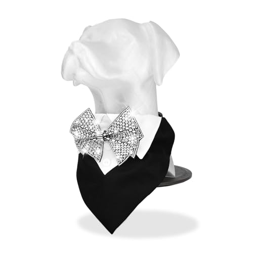 Suavifurri Dog Bandana Collar for Leashes Rhinestone Bow Tie Formal Tuxedo Pet Scarf Adjustable Neckwear with D Ring and Quick Release Buckle for Large Dogs Wedding Birthday Holiday Outfit (Large) - size: Large
