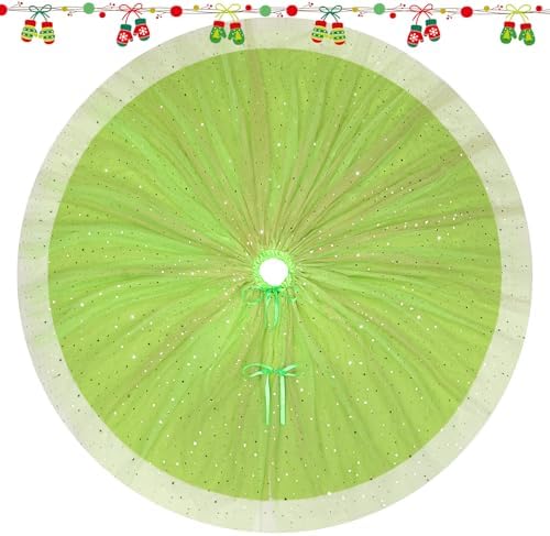 Green Tree Skirt 48'', Fluffy 3-Layer Tulle Tree Rug with Gold Star Sequins