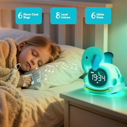 Elephant Alarm Clock with Night Light for Kids,Toddler Sleep Training Clock Ok to Wake Clocks for Girls and Boys, Kids Clocks for Bedrooms,Kids Alarm Clock,Rechargeable,RGB,Gift Ideas for Kids Child