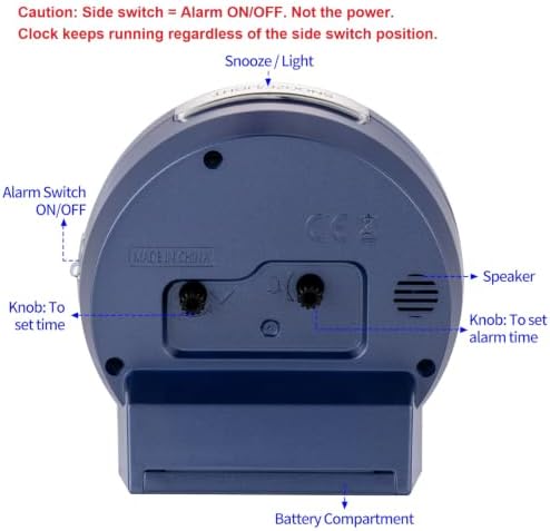 Tinload 4.3" No Ticking Analog Alarm Clock,Silent Readable for Seniors,Easy to Set,Gradual Rise Alarm,Big Numbers,On/Off Switch on Side,Gentle Wake,Snooze,Lighted on Demand,Battery Operated,Blue