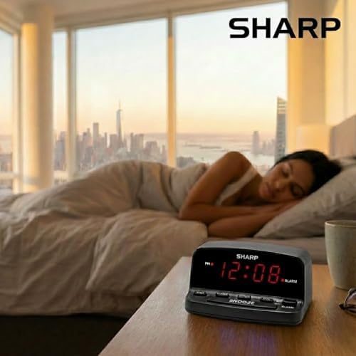 Sharp Digital Alarm Clock with Keyboard Style Controls, Battery Back-up, Easy to Use with Simple Operation, Black Case with Red LED Display (Pack of 4)