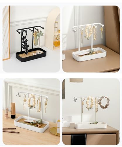 esowemsn 1PC Black Desktop Jewelry Organizer Stand Plastic Earring Holder Keychain Bracelet Holder with Wooden Tray 5 Hooks Necklaces Hanging for Necklaces,Bracelets,Chains,Rings,Earrings,Keys - color: Black