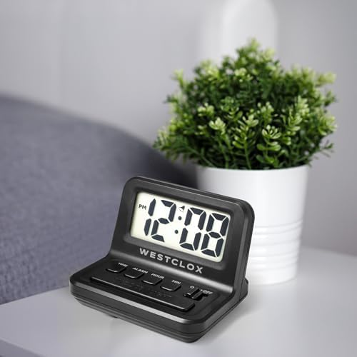 Westclox LCD Digital Bedside Alarm Clock with White Backlit Display and Snooze Function, Battery Operated, (Black, 3-Inch)