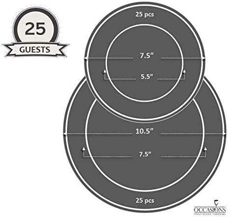 OCCASIONS 50 Blue Disposable Plates (25 Guests) - Heavyweight Plastic Plate Set with Gold Rim - 25 x 10.5" Dinner + 25 x 7.5" Salad/Dessert Plates for Wedding Party - Ritz Blue and Gold