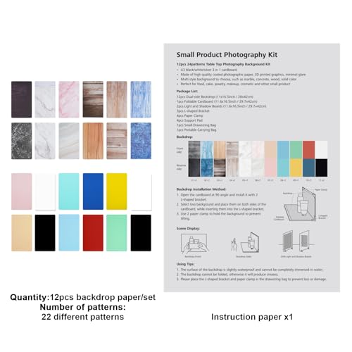 Meking 12Pcs 22Patterns Small Product Photography Backdrops Kit Photo Background Food Photography Backdrop Board with Carrying Bag and Drawstring Bag(16.5X11inch) - color: Prop set series