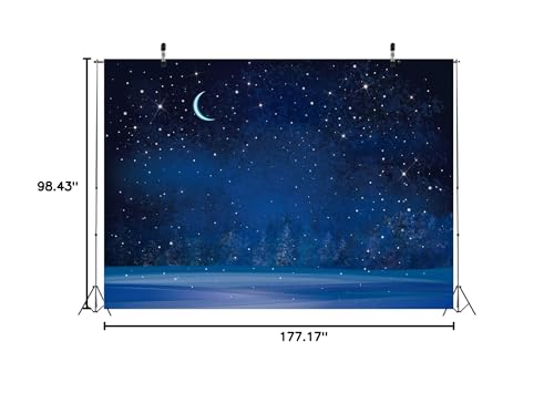 BELECO 15x8ft Fabric Winter Wonderland Night Snowfall Backdrop Blue Starry Sky Moon Stars Snowflakes Fir Trees Pine Forest Snow Scene Background Christmas New Year Party Decoration Photo Studio Props - size: 15x8FT