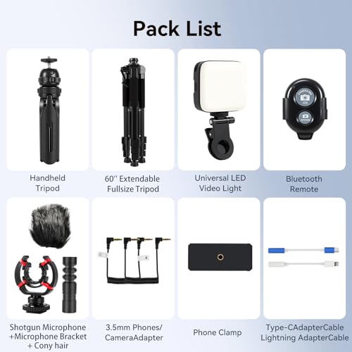 Vlogging Kit for iPhone, Android, YouTube Starter kit Content Creator Equipment with 60'' Extendable Fullsize Tripod, Soft Light and Shotgun Microphone for Vlogging, YouTube, TikTok