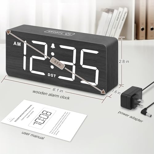 DreamSky Wooden Digital Alarm Clock for Bedroom with Large Numbers | Desk Clock for Living Room Office, Loud Alarm for Heavy Sleepers Adults, Volume Control, Dimmer, DST, Wood Decor (Plug-in)