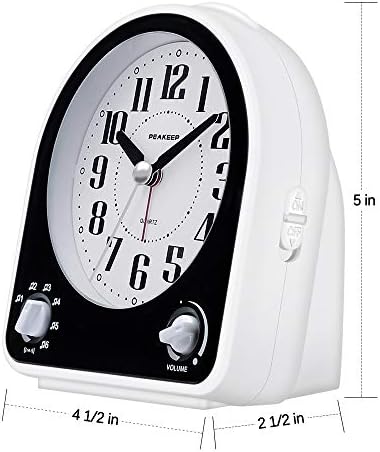 Peakeep Analog Alarm Clock Non-Ticking Silent, 7 Wake-up Sounds | with Volume Control, Nightlight and Snooze, AA Battery Operated (Black)