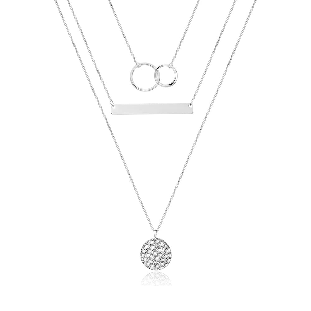 Turandoss Silver Necklace for Women - Dainty Interlocking Circles Bar Hammered Disc Necklace Simple Jewelry Layered Silver Choker Necklaces for Women