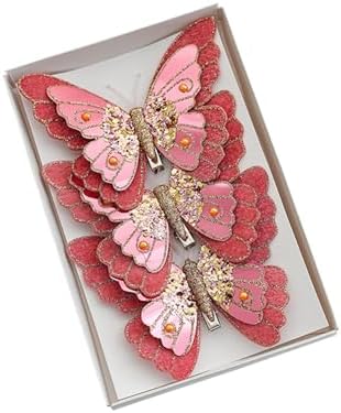 LEBETE Pack of 3 Double Layer Butterfly Christmas Tree Clips Accessory Elegant Fabric Ornaments for Holiday Decorations