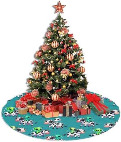 Cute Cows and Aliens Christmas Tree Skirt, 36 inches Chicken Tree Skirts Xmas Mat Farmhouse Holiday Party New Year Supplies Ornaments Decorations for Mini Small Pencil Big Trees