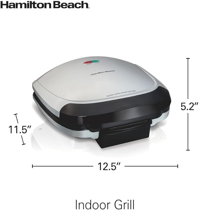 Hamilton Beach Electric Indoor Grill, 6-Serving, Large 90 sq. in. Nonstick Easy Clean Plates, Floating Hinge for Thicker Foods, 1200 Watts, 6.38"D x 12.68"W x 13.78"H , Silver (25371)