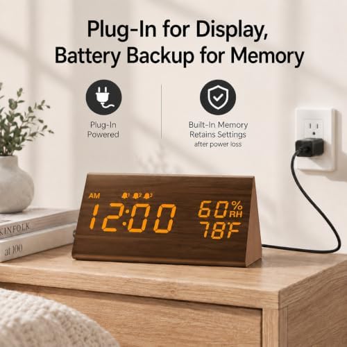 JALL Wooden Digital Alarm Clock for Bedrooms and Office, 3 Alarms with Big Digits, Humidity and Temperature Display, 6-Level Dimmer, Snooze, Loud Desk Clock for Heavy Sleepers, Plug in (Brown)