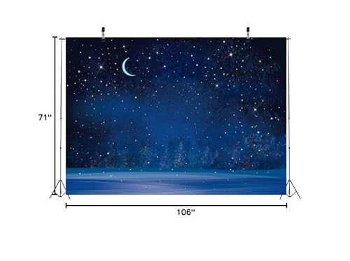 BELECO 9x6ft Fabric Winter Wonderland Night Snowfall Backdrop Blue Starry Sky Moon Stars Snowflakes Fir Trees Pine Forest Snow Scene Background Christmas New Year Party Decoration Photo Studio Props - size: 9x6FT