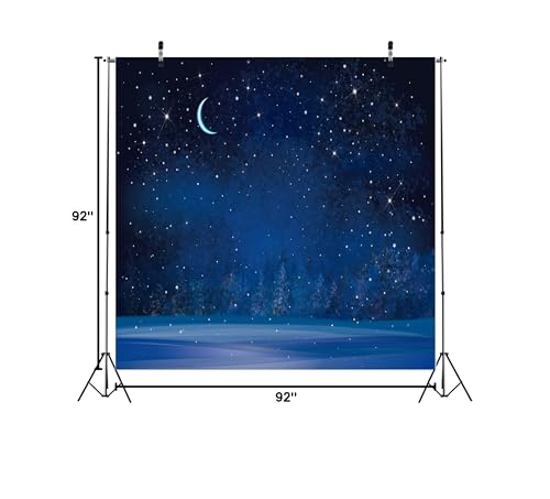 BELECO 8x8ft Fabric Winter Wonderland Night Snowfall Backdrop Blue Starry Sky Moon Stars Snowflakes Fir Trees Pine Forest Snow Scene Background Christmas New Year Party Decoration Photo Studio Props - size: 8x8FT