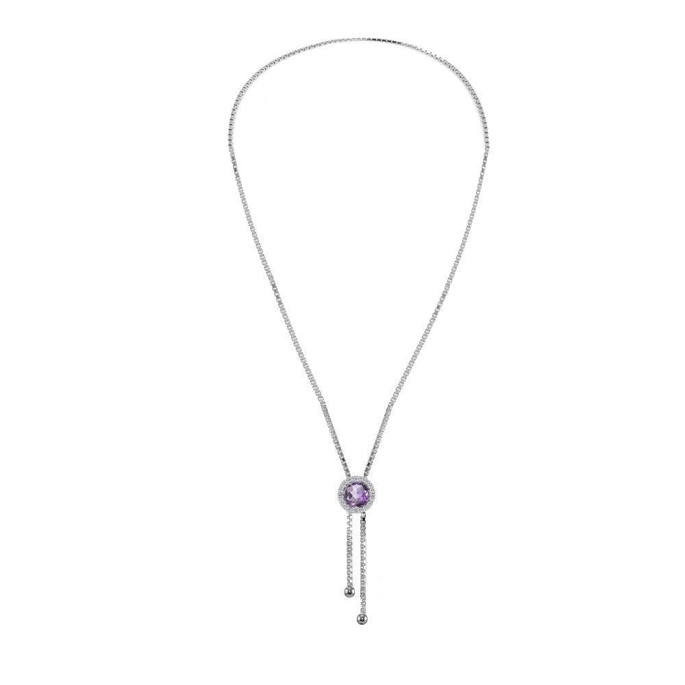 GemStar USA Sterling Silver Amethyst and White Topaz Round Halo Drop Adjustable Lariat Necklace
