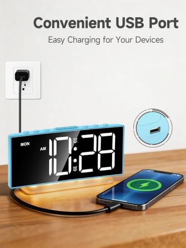 Cadmos Loud Alarm Clock for Heavy Sleepers Adults,Kids,Teens,Digital Desk Clock with USB Port,Large Numbers,7 Color Night Light,Modern Electronic Plug in Simple Clock for Bedroom(Blue+Dynamic)