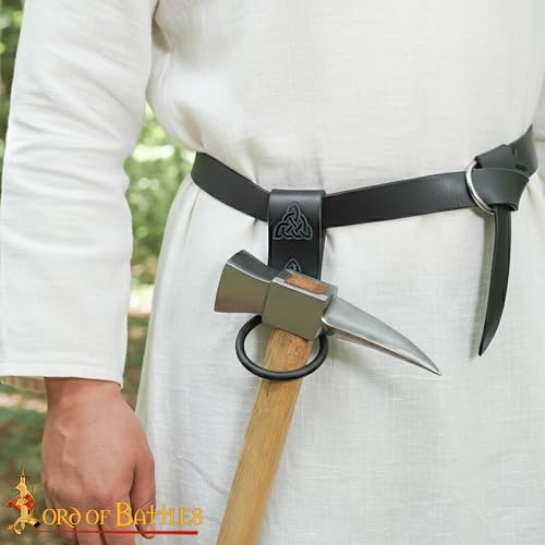 Lord of Battles Medieval Genuine Leather Axe Frog | Axe Holster with Belt Loop | Waist Holder for Axes, Tools - color: Celtic Design - Black
