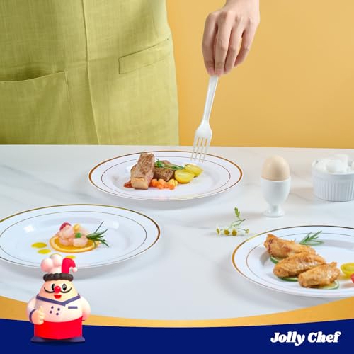 JOLLY CHEF 100 Pieces Gold Plastic Plates, 10 Inch Elegant Disposable Dinner White with Gold Rim, Disposable Plastic Plates for Christmas, Birthdays and Weddings - style: Gold-100