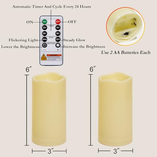 Homemory 3"x6" Flameless Candles, Outdoor Waterproof, Battery Operated LED Pillar Candles with Remote Control and Timer, Plastic, Long Lasting - size: 3"x6"6"