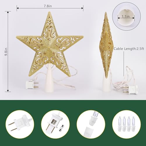 Brizled Gold Star Christmas Tree Topper Lights, 8" Lighted 3D Xmas Tree Top