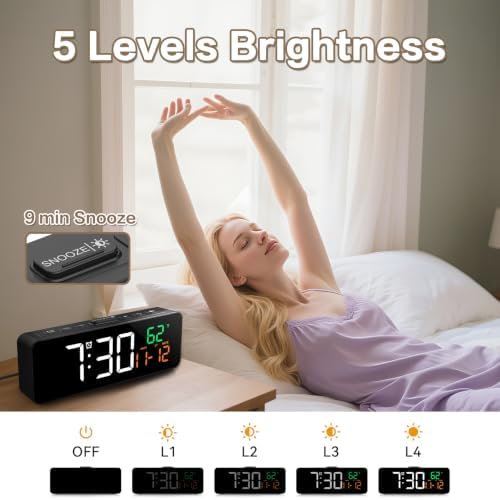 Netzu 3-in-1 Digital Clocks for Living Room, Small & Compact Alarm Clock | Temperature, Date & Time Display, 4 Birghtness, 3 Volumes, Plug-in, for Bedroom, Office