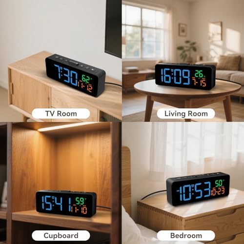 Netzu 3-in-1 Digital Clocks for Living Room, Small & Compact Alarm Clock | Temperature, Date & Time Display, 4 Birghtness, 3 Volumes, Plug-in, for Bedroom, Office