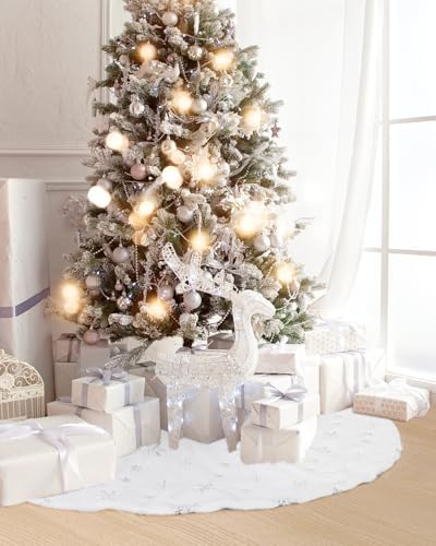 FINPAC Christmas Tree Skirt, Faux Fur Furry Xmas Tree Skirt Luxury Romantic Thick Holiday Ornaments Decoration for Christmas Holiday Party Decor Indoor Outdoor, Silver