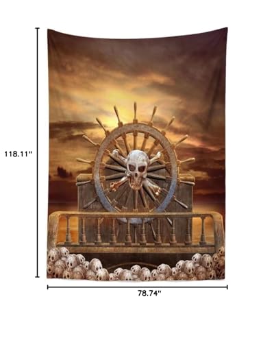 BELECO 6.5x10ft Fabric Pirate Backdrop Halloween Pirate Decorations Pirate Steering Wheel Scary Skulls Gloomy Sky Photography Background Kids Adult Pirate Theme Party Event Decoration Photoshoot Props - size: 6.5x10FT
