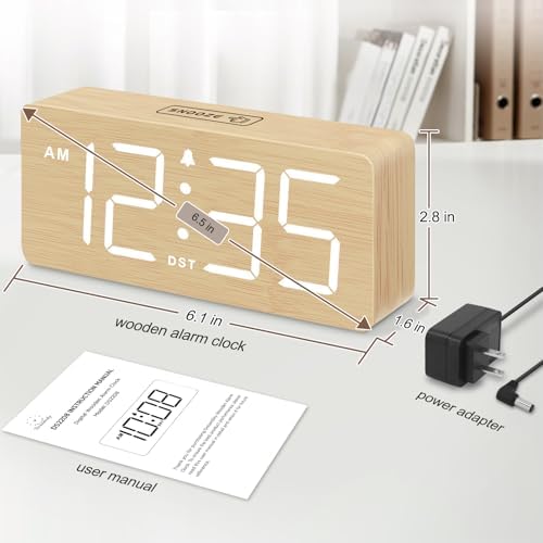 DreamSky Wooden Digital Alarm Clock for Bedroom with Large Numbers | Desk Clock for Living Room Office, Loud Alarm for Heavy Sleepers Adults, Volume Control, Dimmer, DST, Wood Decor (Plug-in)