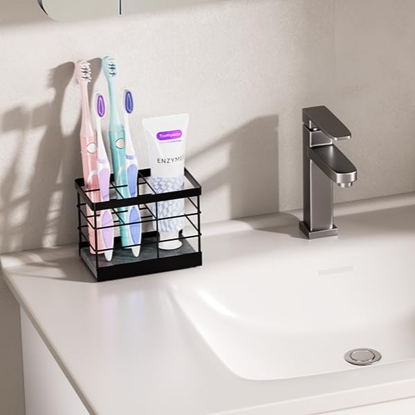 MOJOHAND Toothbrush Holders with Instant Drying Stone for Bathrooms, Stainless Steel Bathroom Electric Toothbrush Toothpaste Holder, Multi-Slots Openwork Design, Bathroom Accessories Organizer