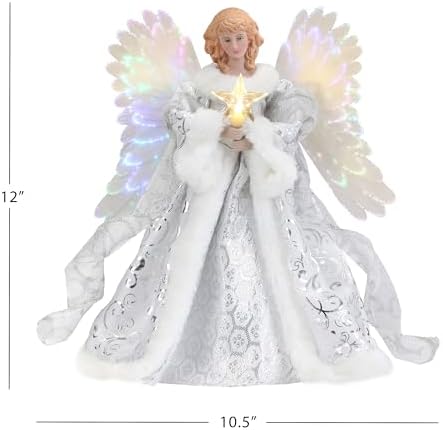 Mr. Christmas Fiber Optic White Christmas Tree Topper Angel, Christmas Decoration, Includes 10 Foot Cord, White