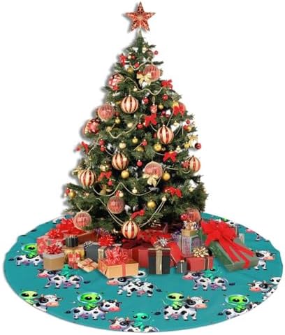 Cute Cows and Aliens Christmas Tree Skirt, 30 inches Chicken Tree Skirts Xmas Mat Farmhouse Holiday Party New Year Supplies Ornaments Decorations for Mini Small Pencil Big Trees
