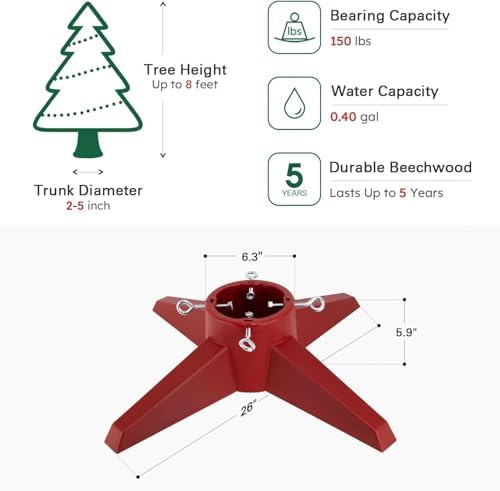 Taylor & Brown Christmas Tree Stand With Reservoir | Real Xmas Tree Stand | Christmas Tree Base With Removable Legs | Xmas Tree Holder For Home & Office | Maximum Tree Size 8ft (Red)