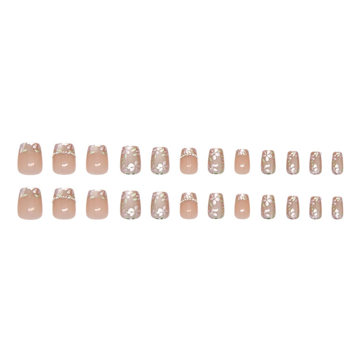 Medium Square Press On Nails - Nude Pearl Flower Design Fake Nails Glossy Finished Reusable False Nails with Glue Tabs - 24Pcs Nail Kit for Women Manicure