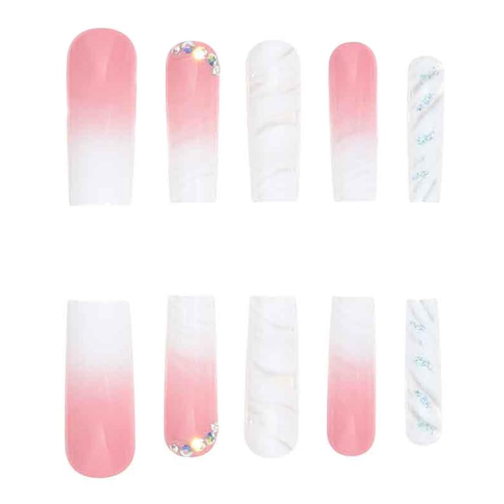 Ombre Pink White Press on Nails Long Square BAOYAALIN, Glitter Fake Nails with Rhinestones Design Gel Glue on Nails for Women Full Cover Acrylic Artificial False Stick on Nail for Wedding 24Pcs