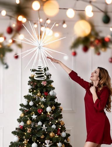 13.7 Inch White Christmas Tree Topper - 3D Burst White Tree Topper, Exploding Star Christmas Tree New Year Holiday Tree Decoration