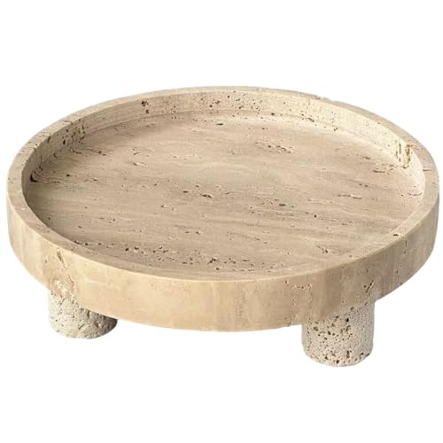 Travertine Round Marble Tray with Footed - Marble Riser for Kitchen Counter, Vanity Trivet Candle Dish Stone Serving Tray, Pedestal Stand for Dining Table or Bathroom (Beige Travertine 10")