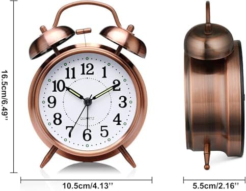 Azyh Loud Alarm Clock for Heavy Sleepers Adults, Metal 4 Inches Twin Bell Battery Operated Alarm Clocks for Bedrooms Decoration, Silent Non-Ticking, Back-to-School Gift (Red Brown)