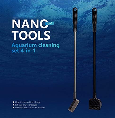 JOBEDE Aquarium Fish Tank Cleaning Tool Set, 4-in-1 Multi-Function Aquarium Cleaning Kit Fishing Net + Gravel Rake + Plant Fork + Sponge Brush with Long Handle for Aquarium