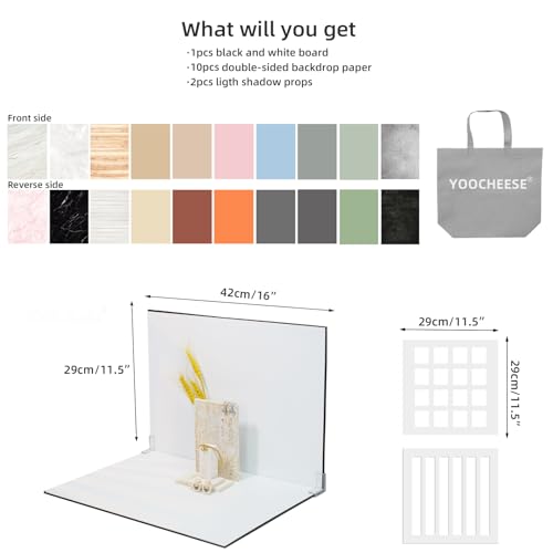Yoocheese Photo Backdrop for Product Photography - Tabletop Backdrop Kit with 20 Background Patterns & 2 Shadow Board Props for Food, Jewelry, Cosmetics, Skincare & Small Products - 16.5x11.7 Inch - color: Light