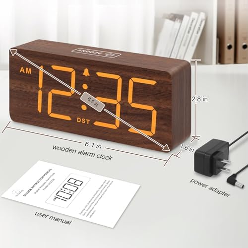 DreamSky Wooden Digital Alarm Clock for Bedroom with Large Numbers | Desk Clock for Living Room Office, Loud Alarm for Heavy Sleepers Adults, Volume Control, Dimmer, DST, Wood Decor (Plug-in)