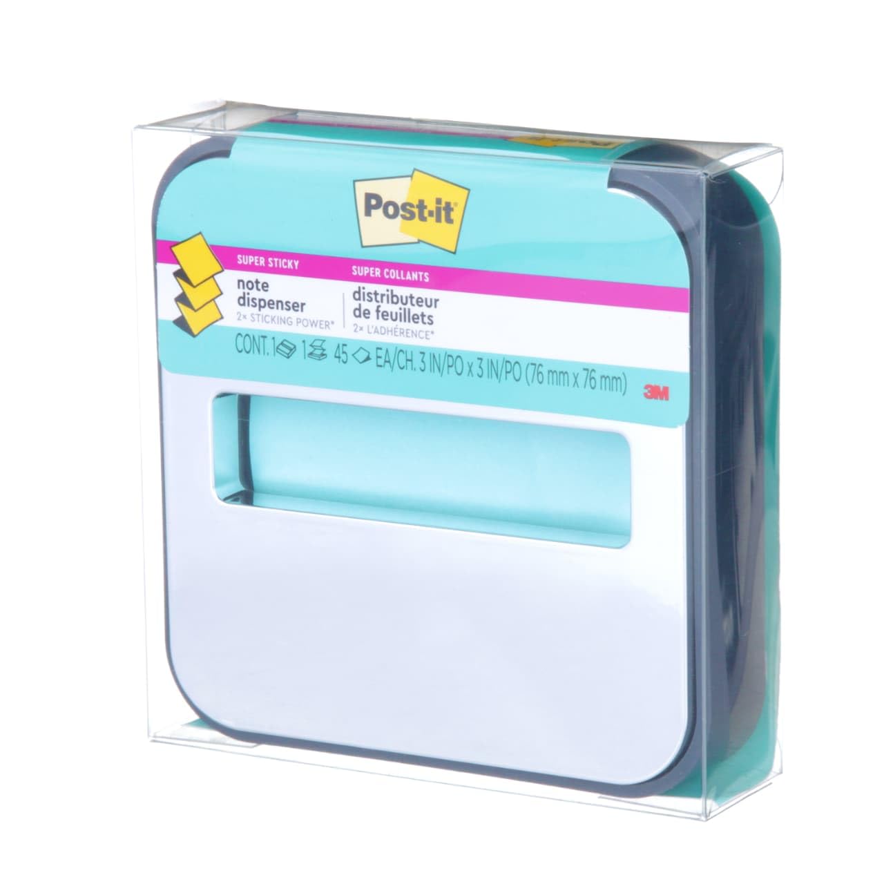 Post-it Note Dispenser with Post-it Pop-up Notes, Black Base with Steel Top, 1 Aqua Splash 3 in. x 3 in. Super Sticky Note Pad, Classroom or Office Supplies - 2 Pack