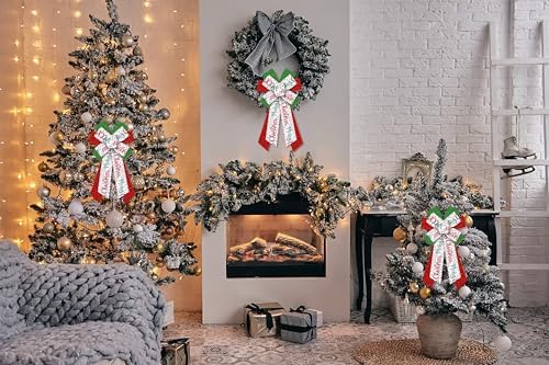Hying Large Christmas Bows for Wreath, Christmas Wreath Bow Glitter Green Red White Burlap Bows Xmas Tree Topper Bows Ornaments for Front Door New Year Christmas Party Decoration Supplies
