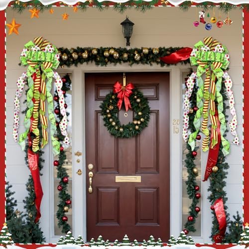 Suncalla 2 Pcs 44 x 13 Inch Large Christmas Tree Toppers Green Christmas Tree Ornaments Candy Cane Ribbon Bows Lime Green Glitter Polka Dot Wreath for Xmas Holiday Indoor Outdoor Front Door Staircase