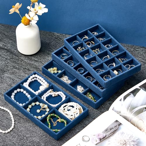 Junkin 12 Pcs Jewelry Tray Velvet Stackable Jewelry Organizer Trays Divided Earring Accessories Storage Containers Box (Rose Red) - color: Peacock Blue